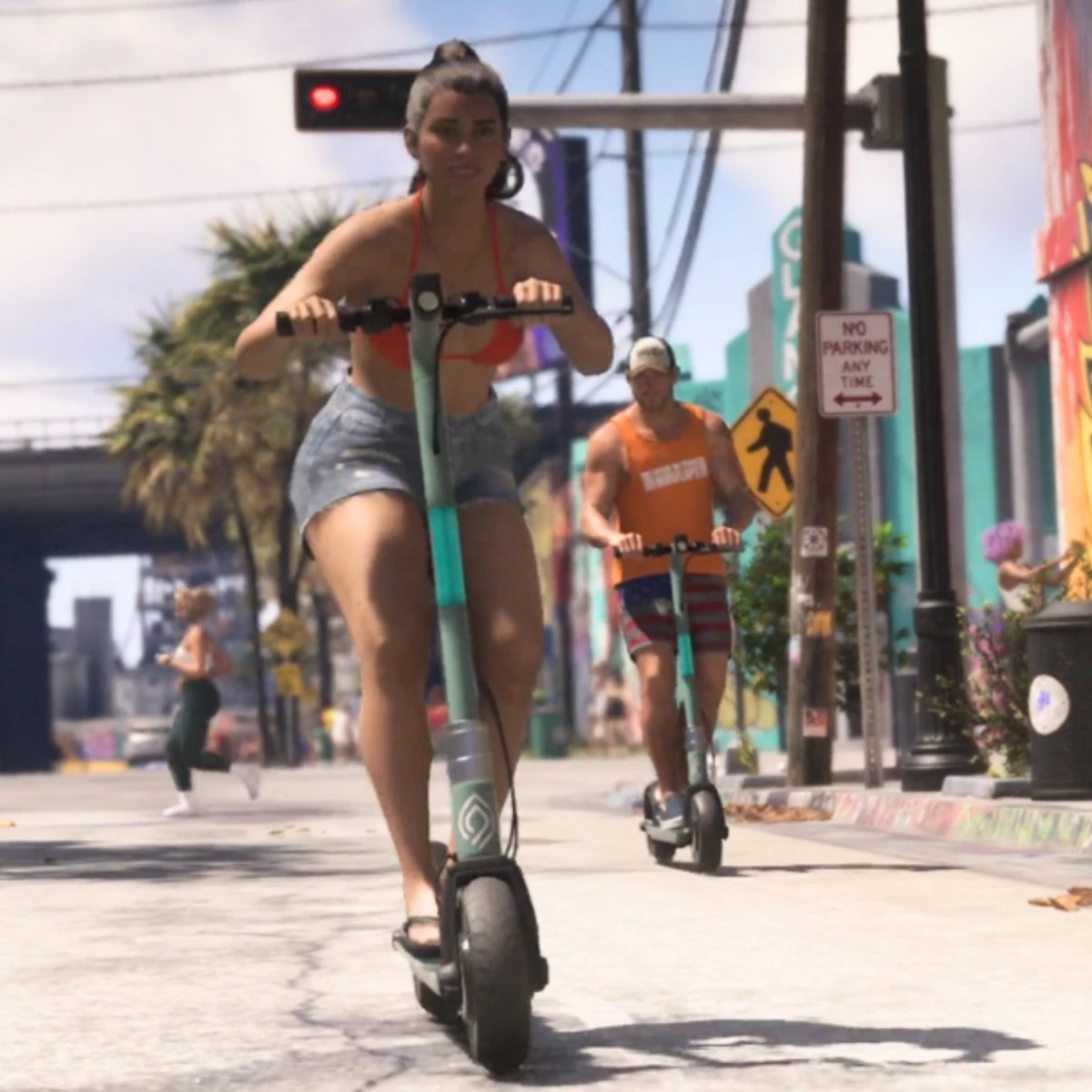 Иллюстрация GTA 6 Intel с двумя людьми на зелёных прокатных электросамокатах