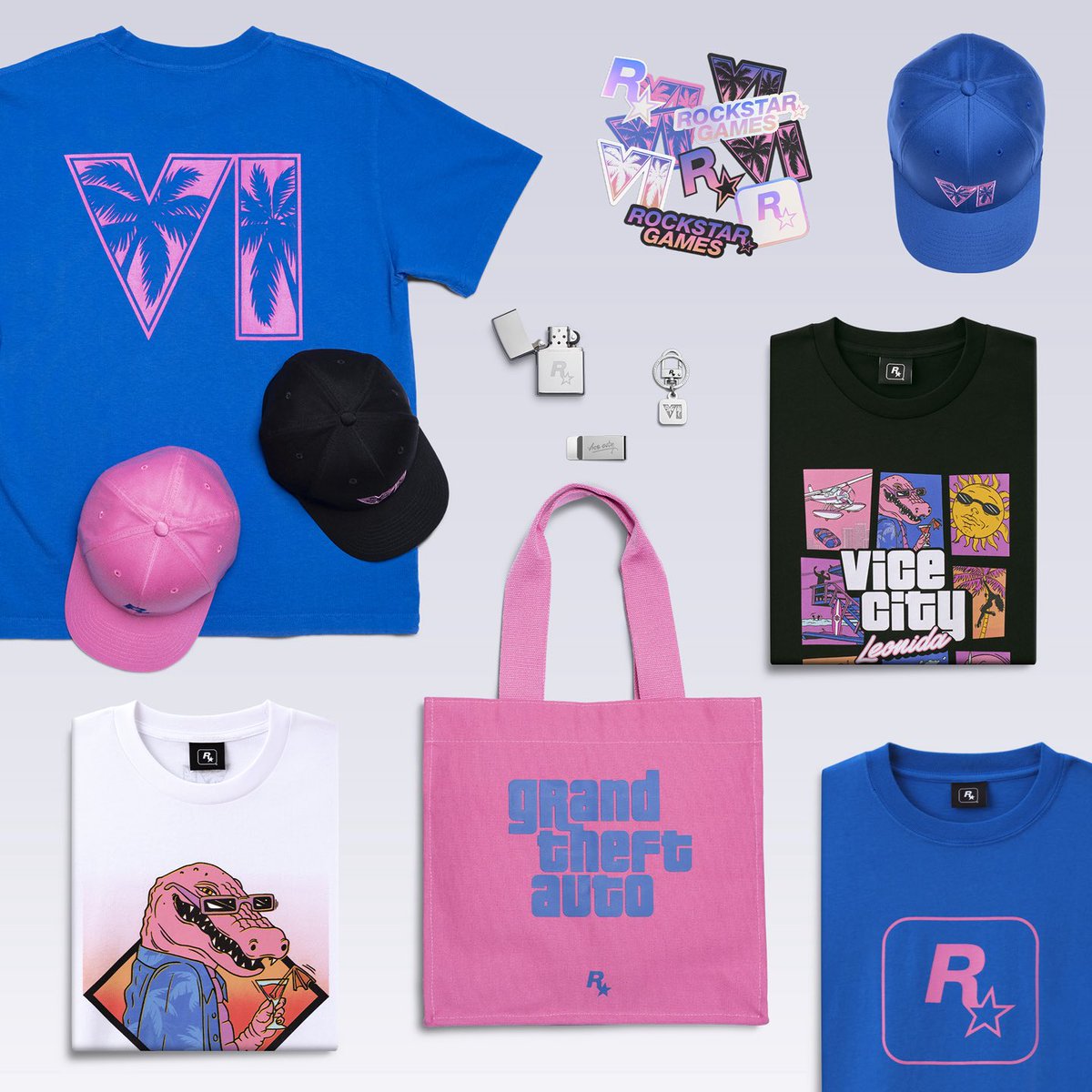 Футболки, кепки, сумка, зажигалка, брелок и наклейки из коллекции Grand Theft Auto VI в Rockstar Store
