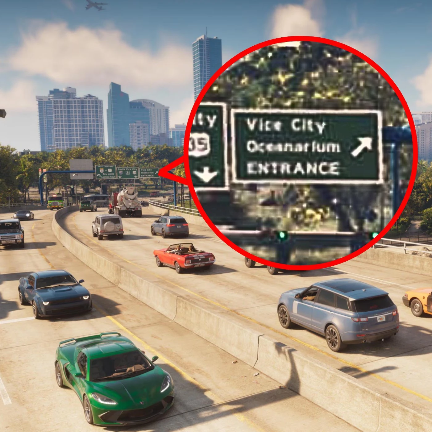 Городская трасса GTA 6 с увеличенным фрагментом указателя Vice City Oceanarium