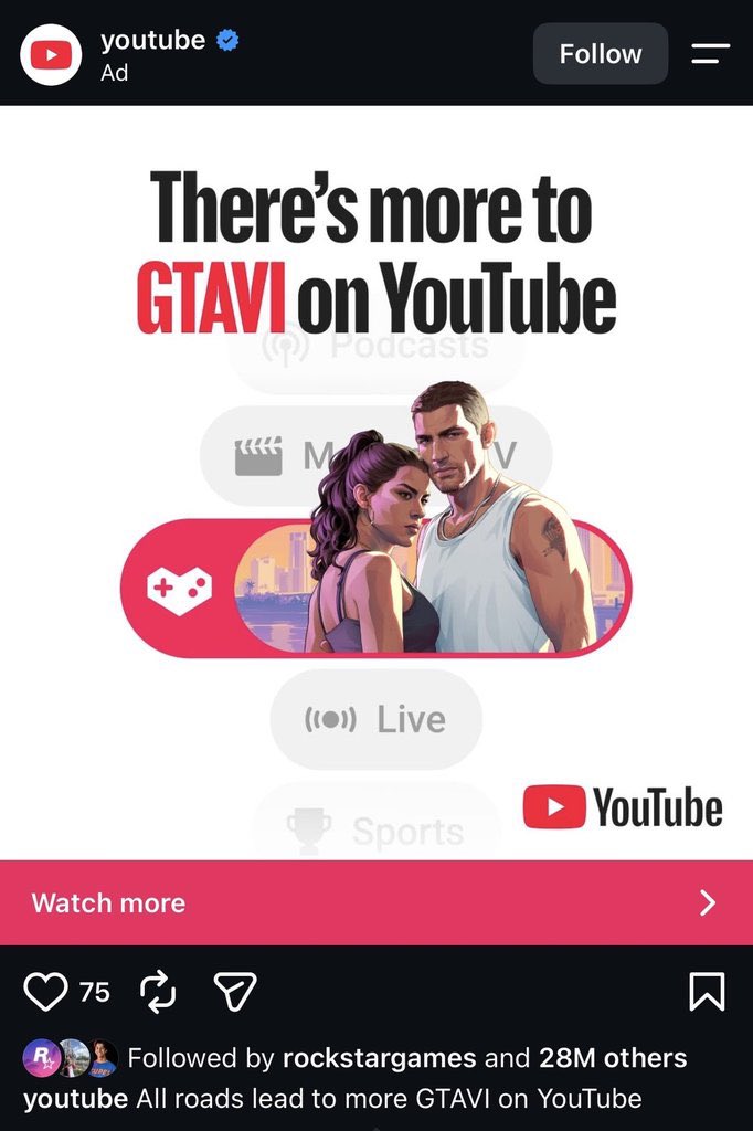Реклама YouTube с Джейсоном и Люсией GTA VI и фразой There’s more to GTA VI on YouTube