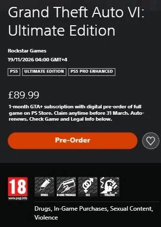 Британская карточка GTA VI в PlayStation Store с PEGI 18 и предупреждениями о содержании
