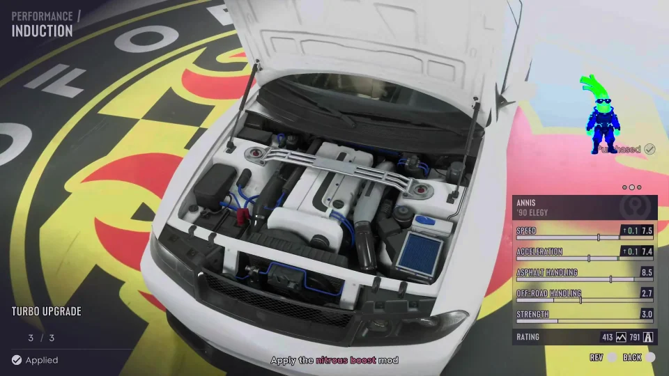 Turbo Upgrade в отдельном разделе Induction рядом с открытым капотом Elegy