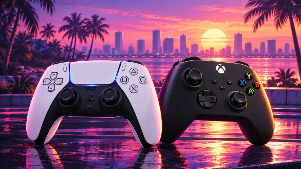 Редакционная иллюстрация белого контроллера DualSense и чёрного контроллера Xbox на фоне заката