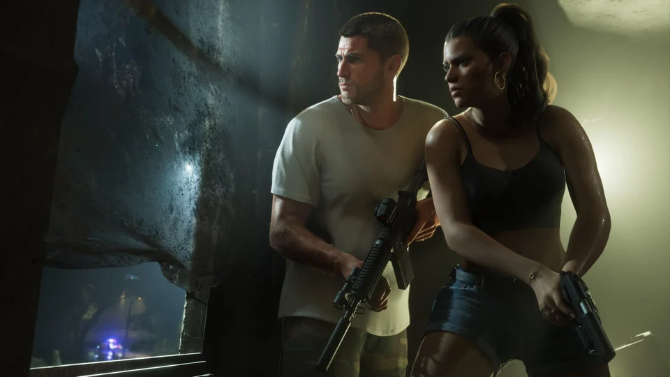 Джейсон и Люсия с оружием в помещении на официальном скриншоте GTA VI