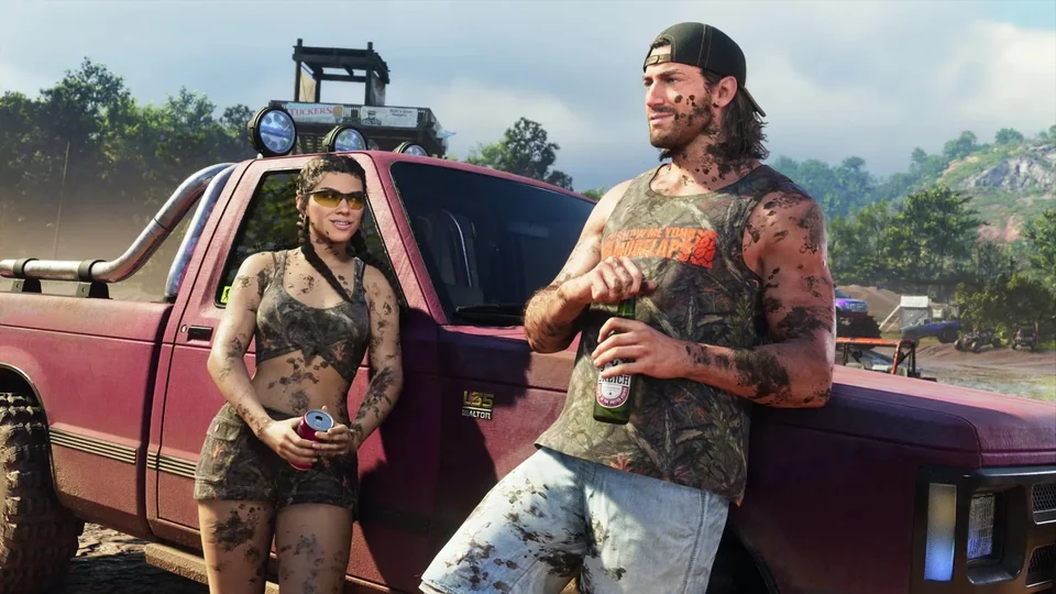 Джейсон и Люсия рядом с пикапом на скриншоте GTA 6