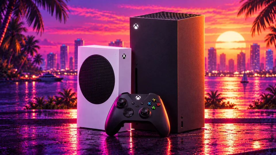 Редакционная иллюстрация белой Xbox Series S и чёрной Xbox Series X с контроллером на фоне заката