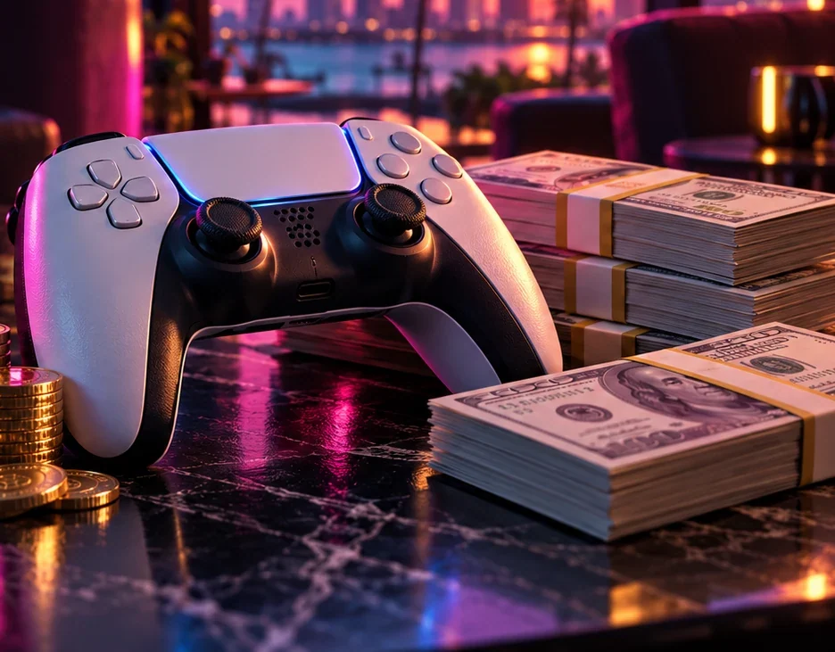 Редакционная иллюстрация продаж GTA 6: игровой контроллер, банкноты и монеты