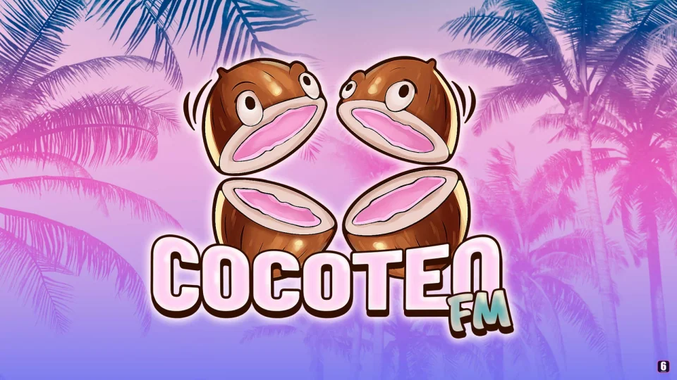 Розовые половинки кокосов и логотип Cocoteo FM на фоне пальм, официальный арт станции