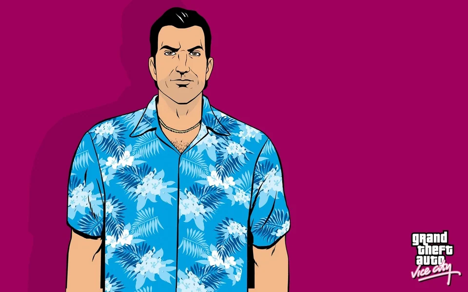 Томми Версетти на опубликованном арте Vice City: голубая рубашка со светлым растительным узором