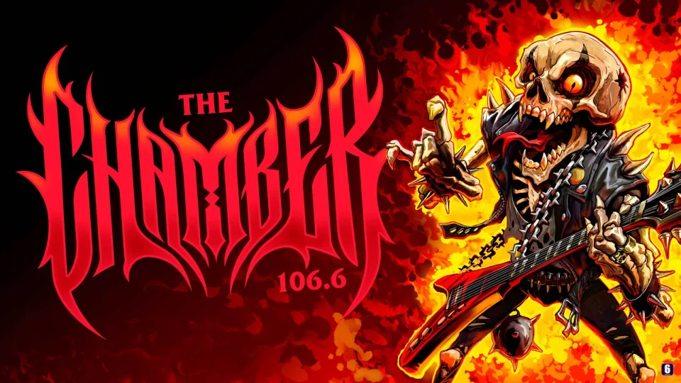 Скелет с красной электрогитарой и логотип The Chamber 106.6 на огненном фоне, официальный арт станции