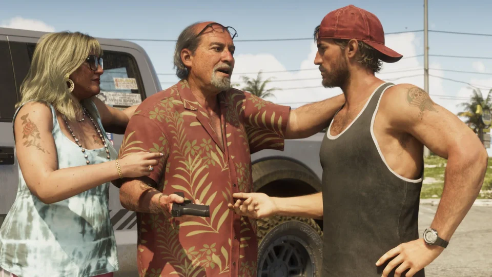 Брайан Хедер рядом с двумя людьми у машины. Официальный скриншот Rockstar Games