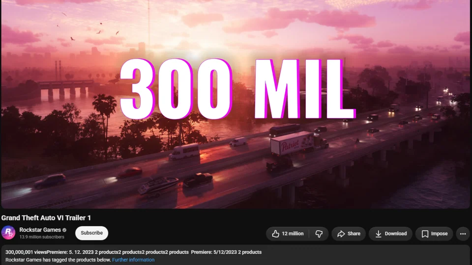 Первый трейлер GTA VI набрал 300 млн просмотров на YouTube