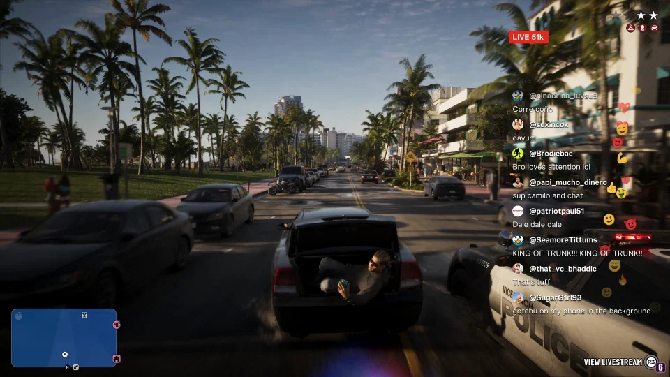 Автомобильная погоня в Vice City с интерфейсом прямого эфира и чатом