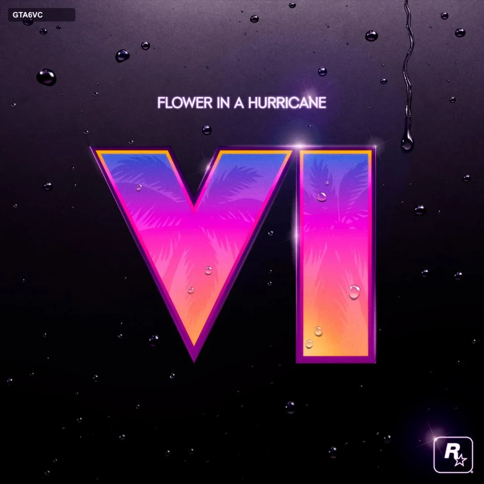 Оформление сингла Flower in a Hurricane: розово-фиолетовый знак VI с каплями воды и названием песни