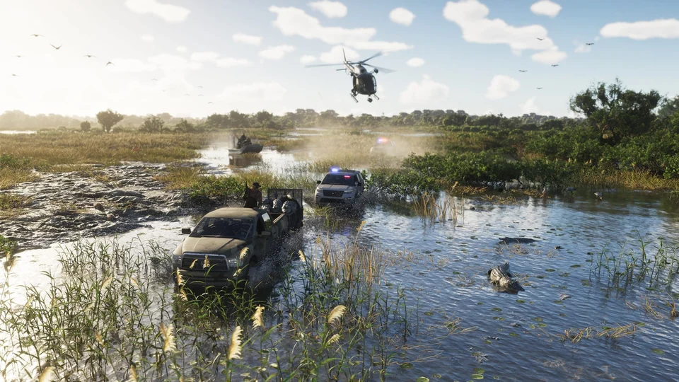 Аллигатор в воде Грассриверс рядом с транспортом на официальном скриншоте GTA 6