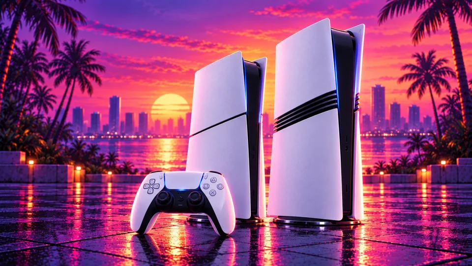 Редакционная иллюстрация PS5 Slim, PS5 Pro и контроллера DualSense на фоне заката