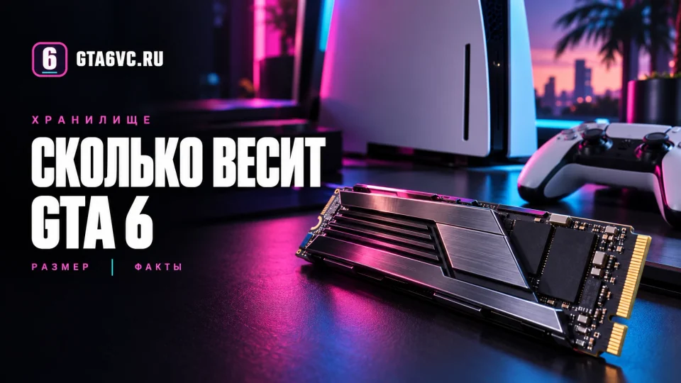 Редакционная иллюстрация платы накопителя с радиатором, игровой консоли и контроллера с заголовком о размере GTA 6